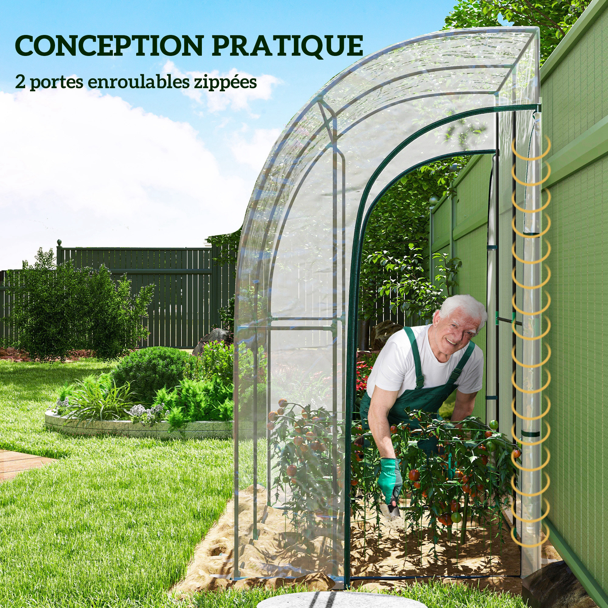 Serre de jardin adossée serre adossée dim. 1,43L x 1,18l x 2,12H m 2 portes zippées enroulables acier PVC transparent