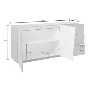 Credenza moderna a 2 ante e 3 cassetti, Made in Italy, Madia da cucina, Buffet di design da soggiorno, cm 180x43h86, colore Bianco lucido