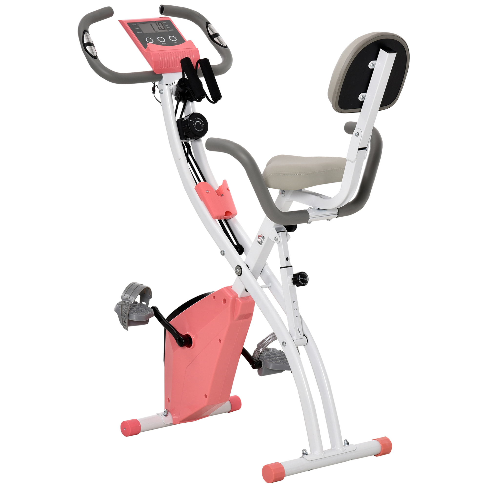 Vélo d'appartement pliant 8 niveaux de résistance magnétique dossier selle réglable poignées ergonomiques écran LCD multifonction suspensions support tablette acier rose blanc