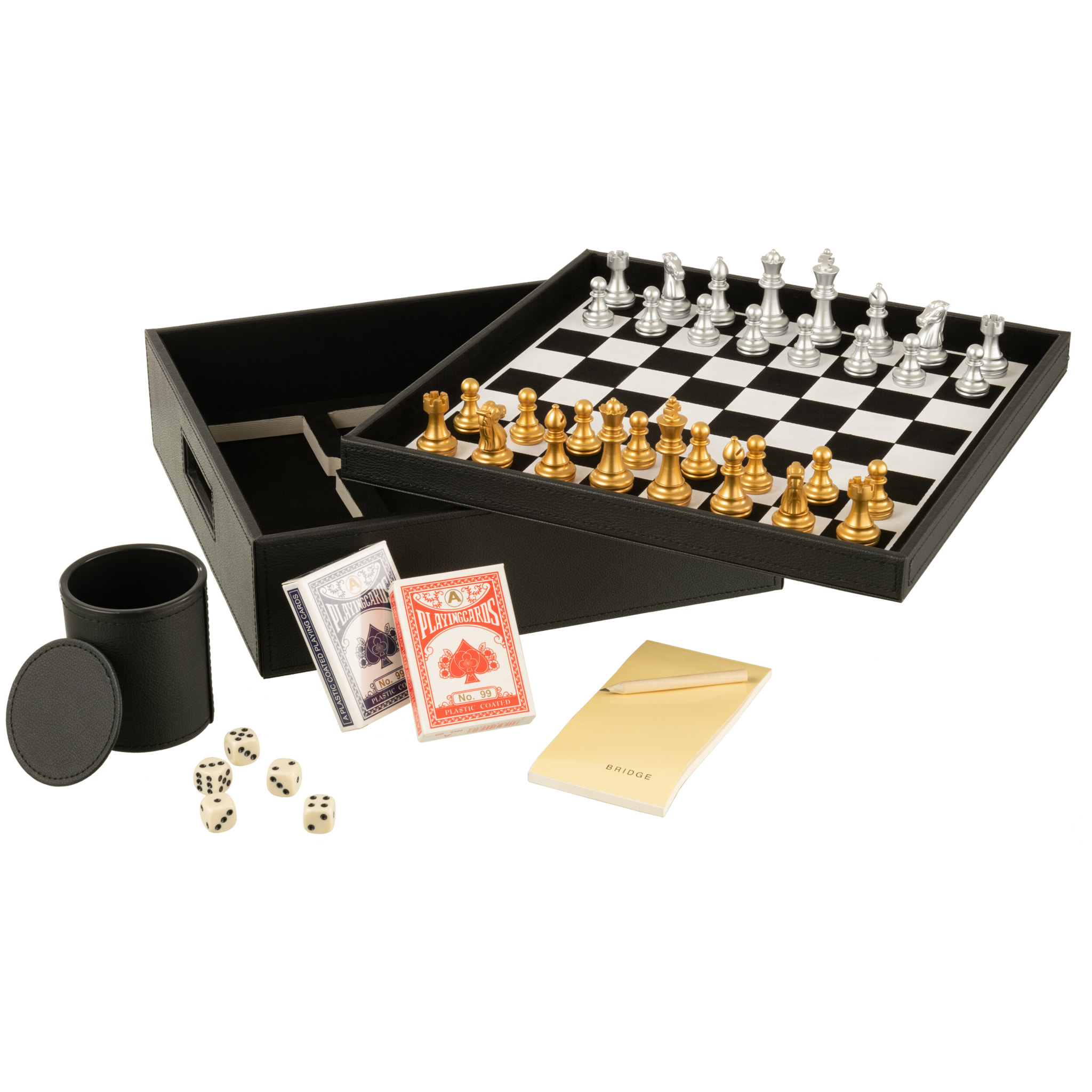 J-Line boîte Jeu De Cartes + Echecs - bois/simili cuir - noir