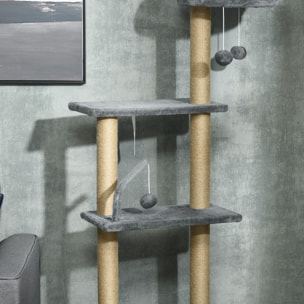 Árbol para Gatos de Suelo a Techo de 230-250 cm Árbol Rascador para Gatos con Altura Ajustable Múltiples Plataformas Cestos Hamaca Bolas Colgantes Gris