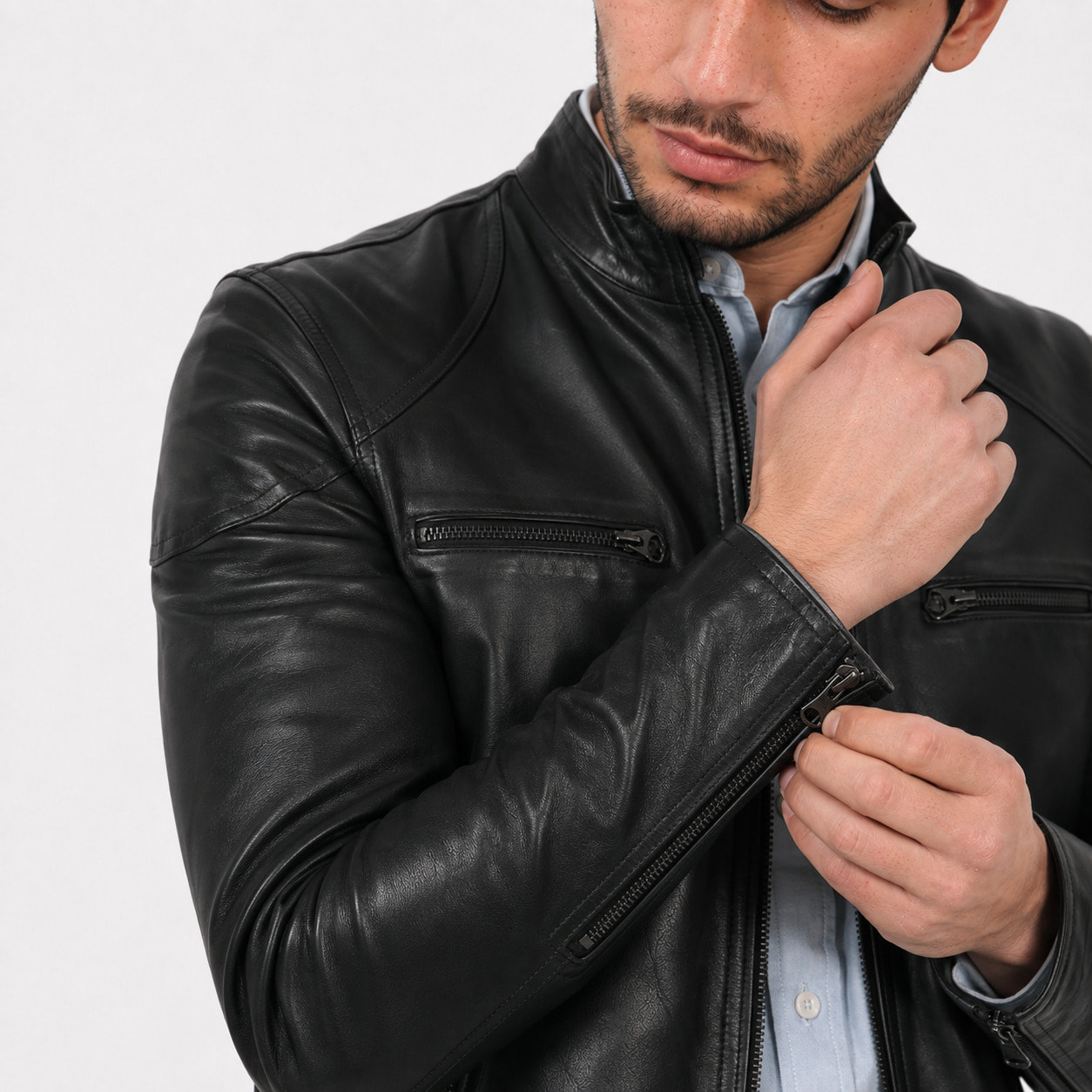 Giubbino in pelle di vitello nappa Nero-Slim Fit