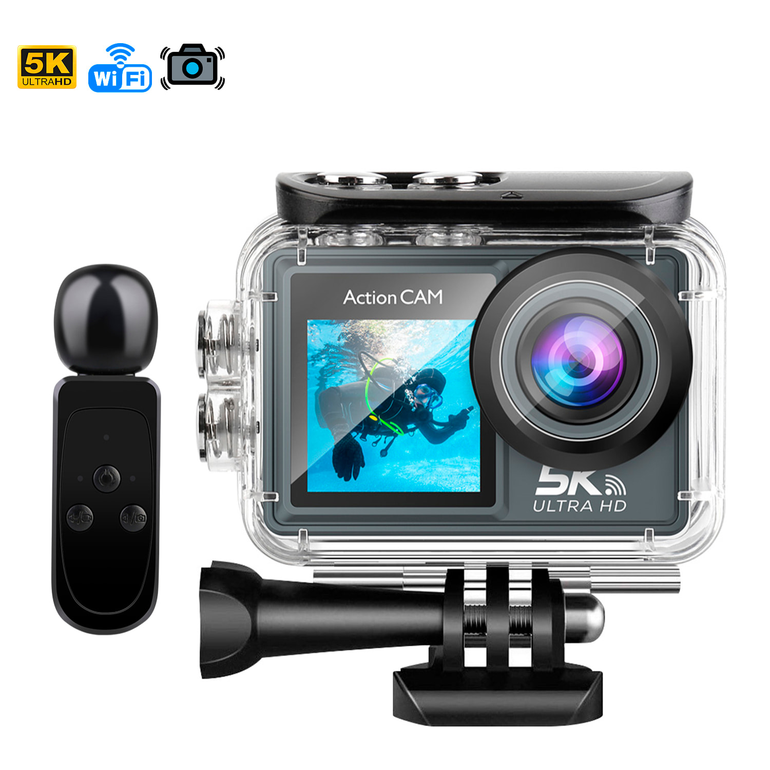 Camera Sportiva M40 TRW 5k 30 fps con 47,75 mpx, doppio schermo da 2" e 1,3" con una varietà di accessori sportivi, WIFI e microfono esterno.