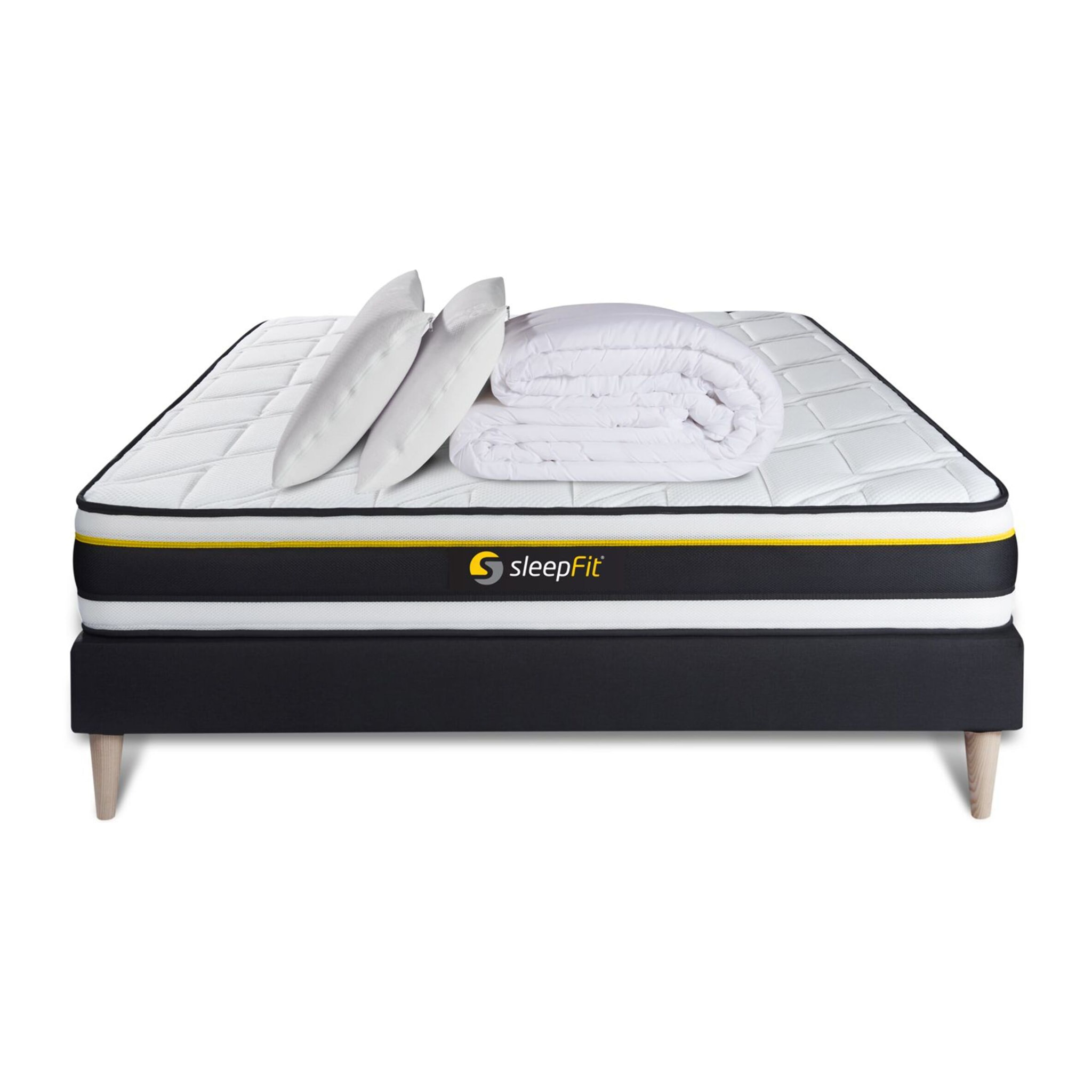 Pack cama completa - Colchón Espuma - Kit de base de cama - Negro -  con 2 almohadas y 1 edredón