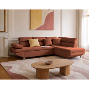 Margaux - Canapé d'angle droit 5 places convertible avec coffre et têtières réglables en velours texturé - Terracotta