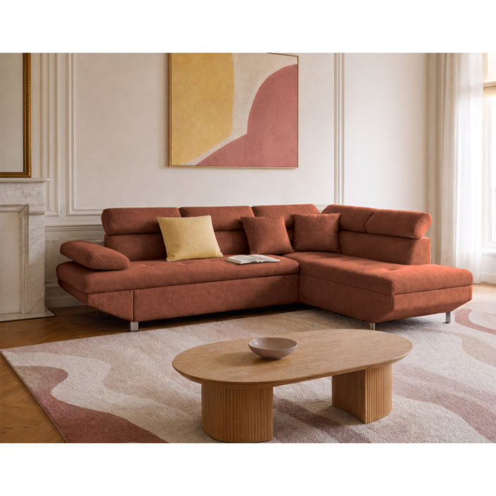 Margaux - Canapé d'angle droit 5 places convertible avec coffre et têtières réglables en velours texturé - Terracotta