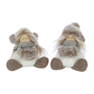 J-Line figurine Filles Assises Chapeau Fourrure - polyester - blanc/marron - 2 pcs