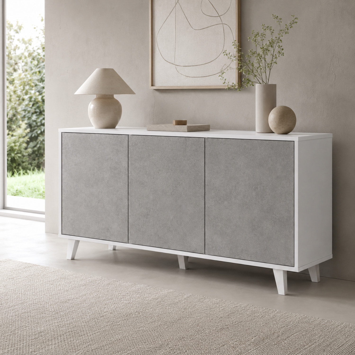 Credenza Moderna Madia 3 Ante Senza Maniglie Design Minimal Con Piedini RialzatiPer Soggiorno Ingresso 154 x 72 x 40 Cm Bianco e Grigio Cemento