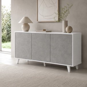 Credenza Moderna Madia 3 Ante Senza Maniglie Design Minimal Con Piedini RialzatiPer Soggiorno Ingresso 154 x 72 x 40 Cm Bianco e Grigio Cemento