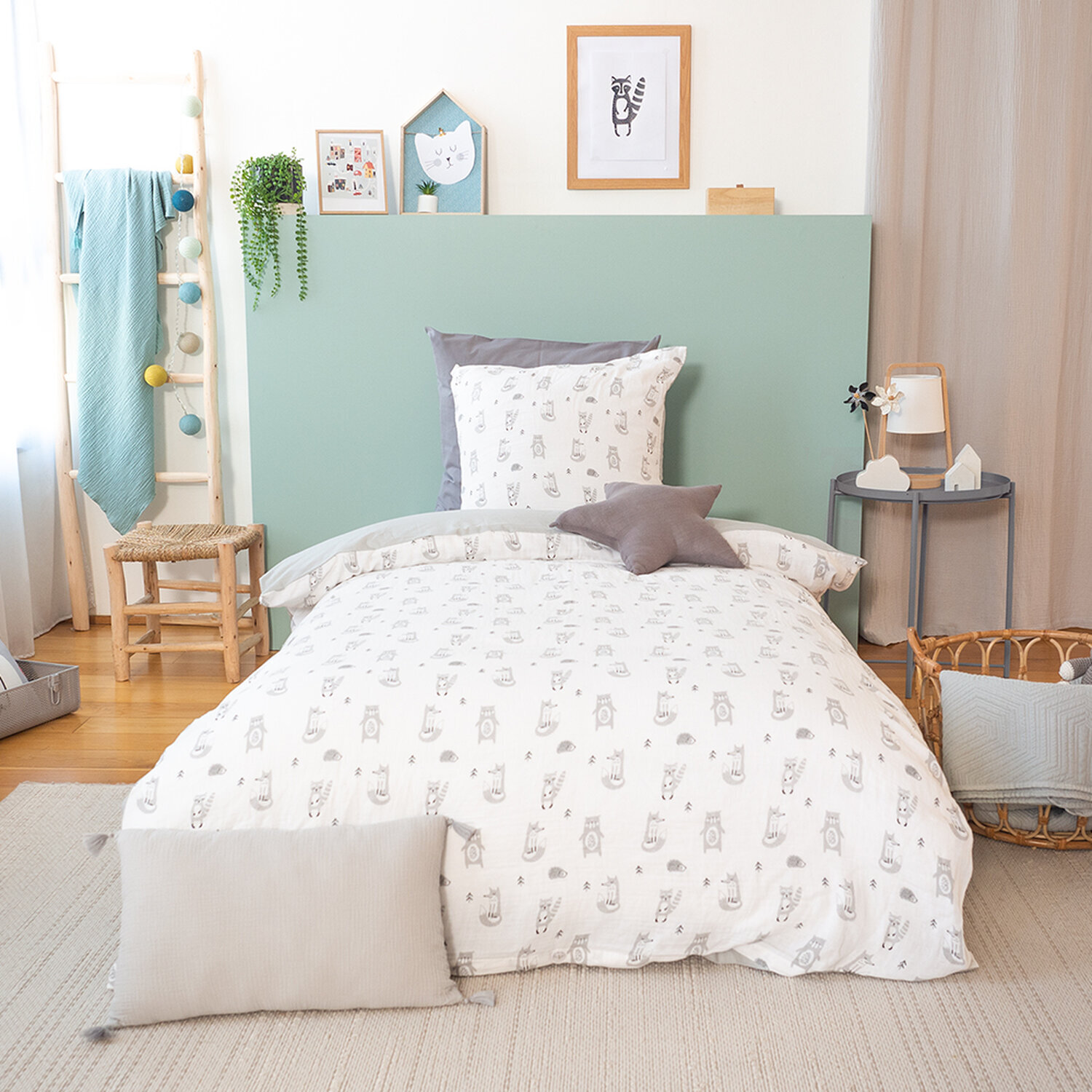 Parure de lit enfant imprimé 100% gaze de coton - forêt - gris