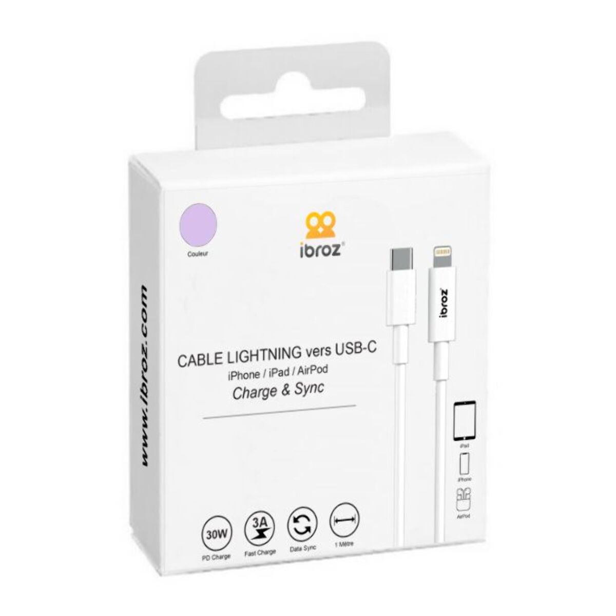 Câble Lightning IBROZ vers USB-C 1m mauve