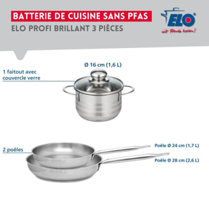 Ensemble de 2 Poêles de cuisson 24 et 28 cm et 1 faitout 16 cm Elo Profi Brillant