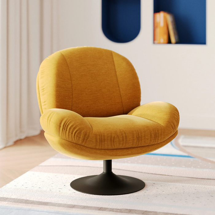 Fauteuil pivotant en tissu effet velours jaune moutarde - Ricci