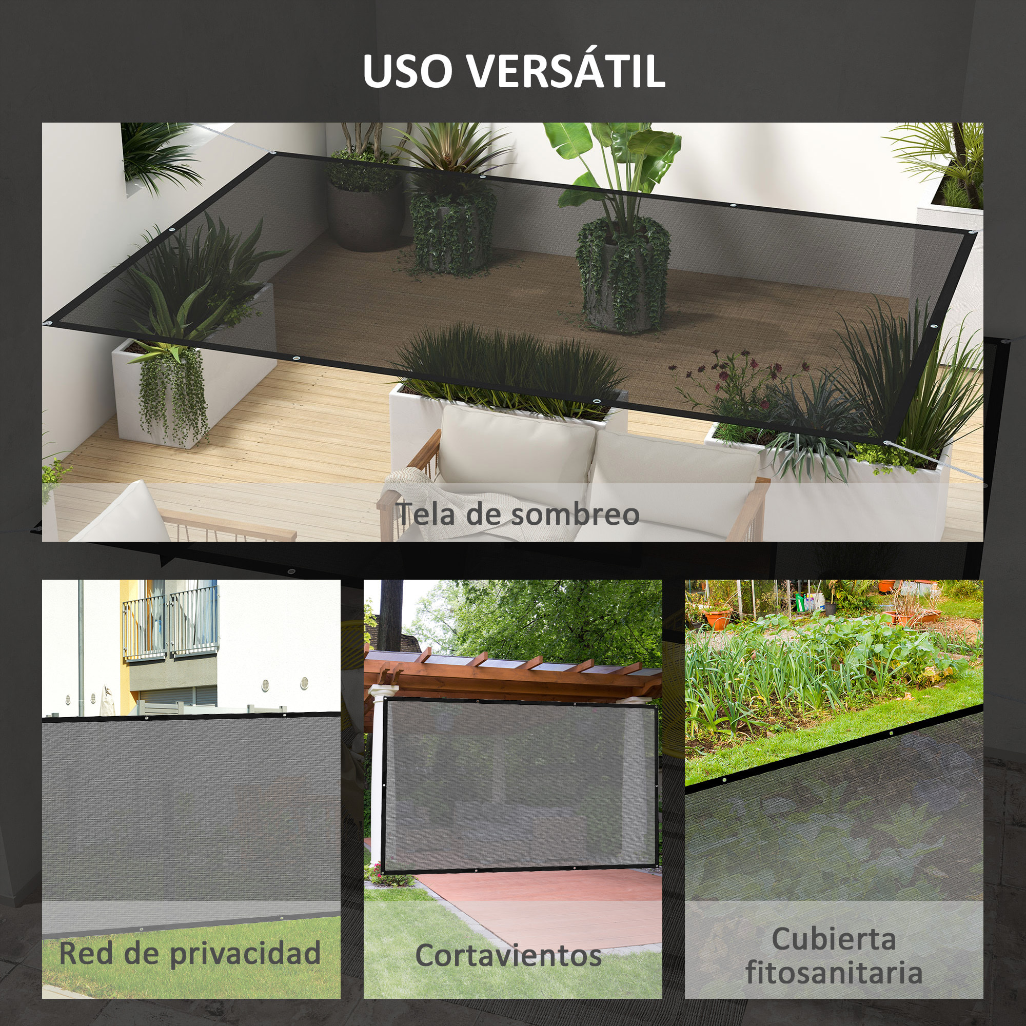 Outsunny Toldo Vela de Sombra Rectangular 3x2 m Toldo de Jardín Protección Solar 65% Transpirable y Anticongelante para Patio Terraza Balcón Negro