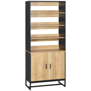 Buffet haut multi-rangement 2 portes total 5 étagères piètement acier noir panneaux aspect bois clair