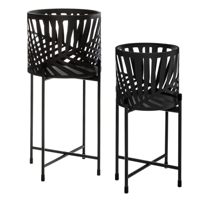 Set de 2 pots avec support "Feuilles" métal noir