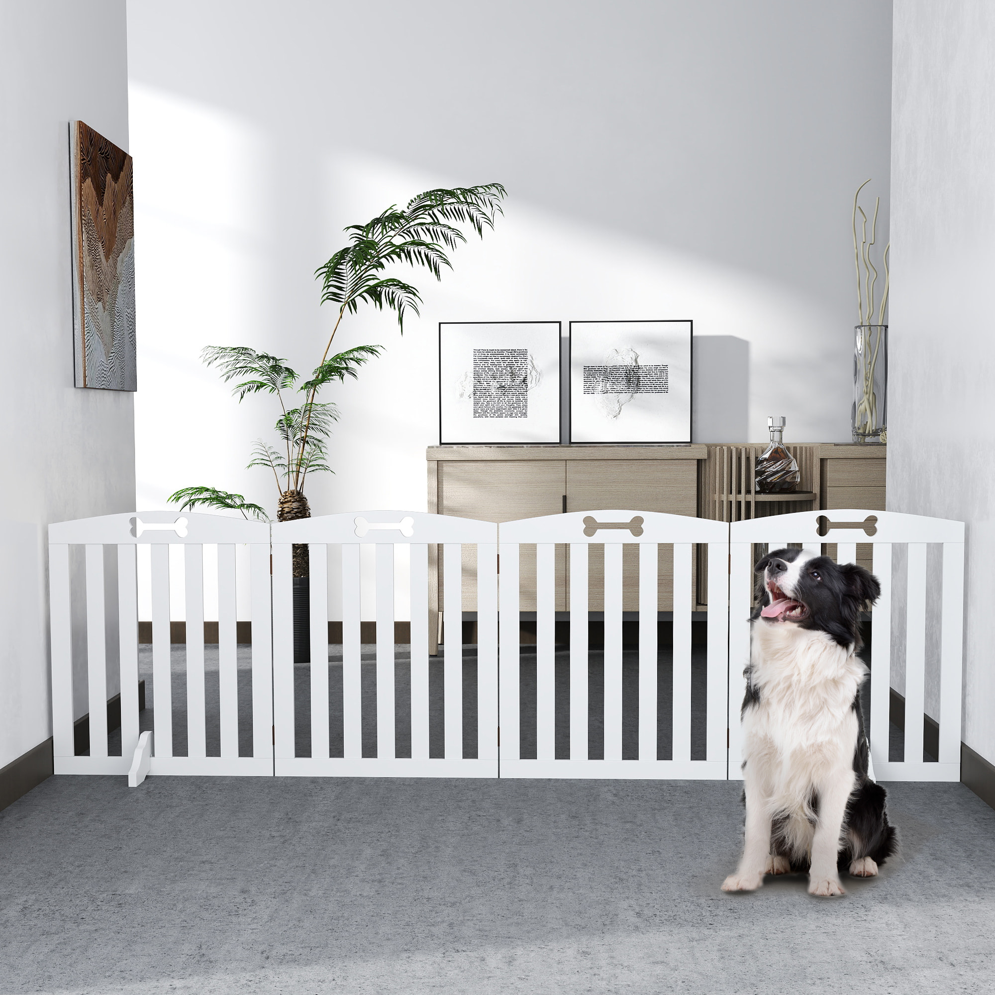 Barrière de sécurité chien pliable adaptable motif os - piètement support antidérapant - 207 x 30 x 61 cm - MDF blanc