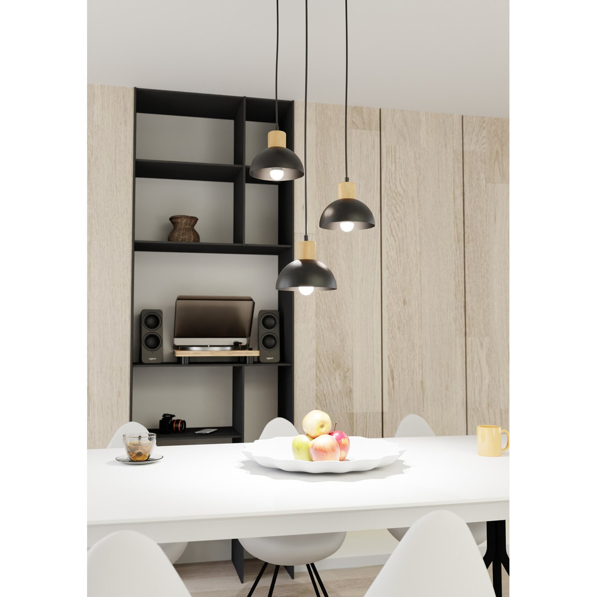 Lampada a sospensione Seco in metallo nero e legno