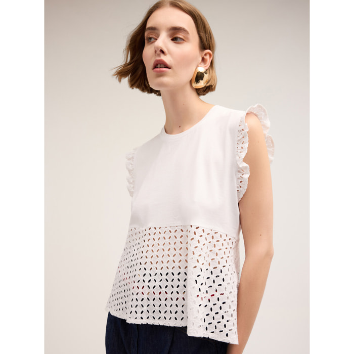 Motivi - T-shirt smanicata con inserto in sangallo - Bianco