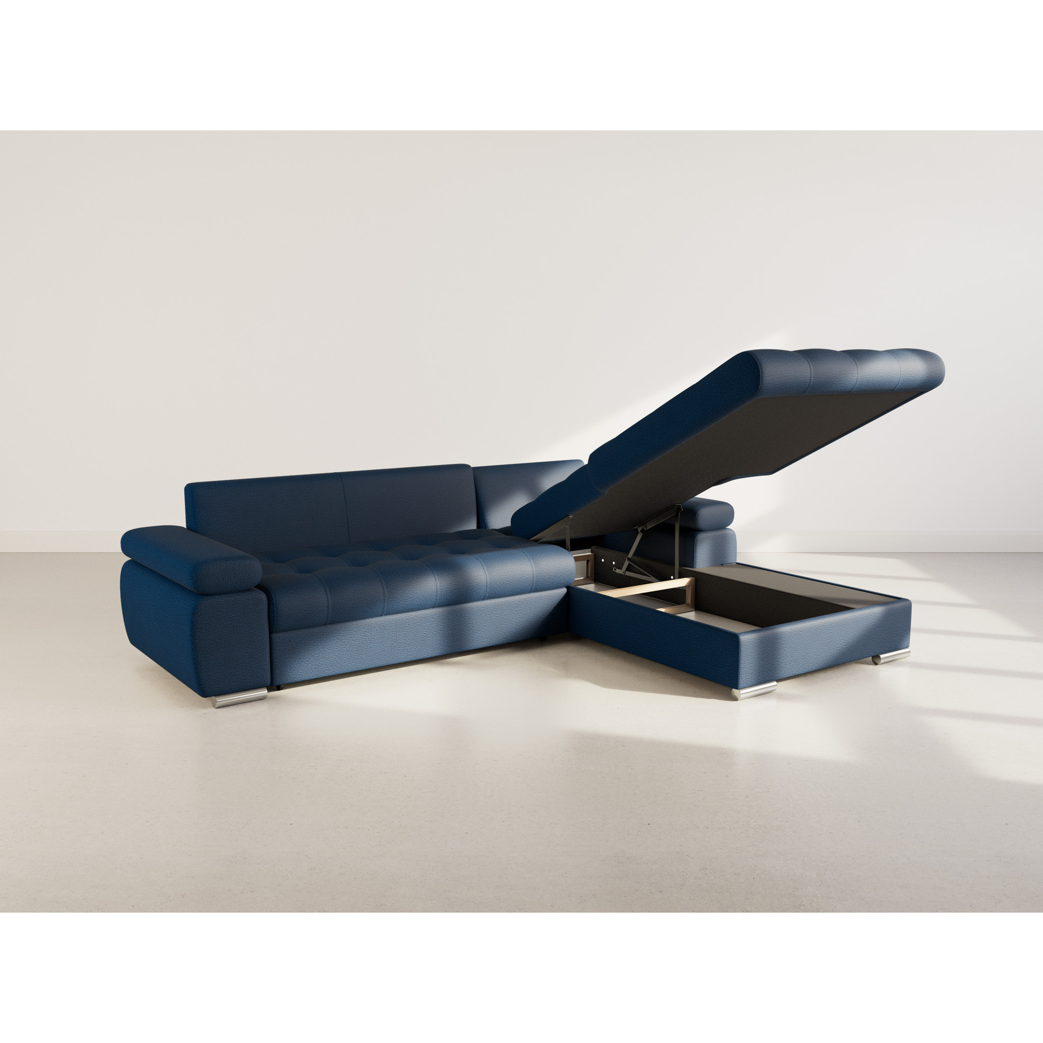 Bianca - Canapé d'angle droit 4 places convertible avec coffre en tissu texturé - Bleu marine