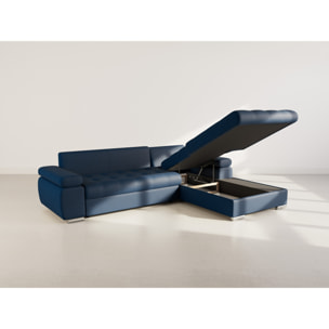 Bianca - Canapé d'angle droit 4 places convertible avec coffre en tissu texturé - Bleu marine