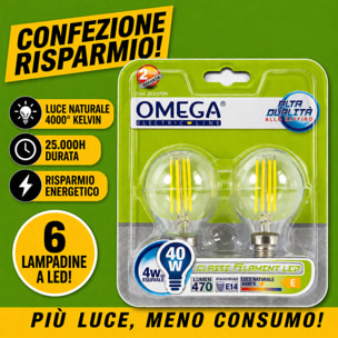 OMEGA Set 6 Lampadine Filament LED Sfera 4W E14 4000K