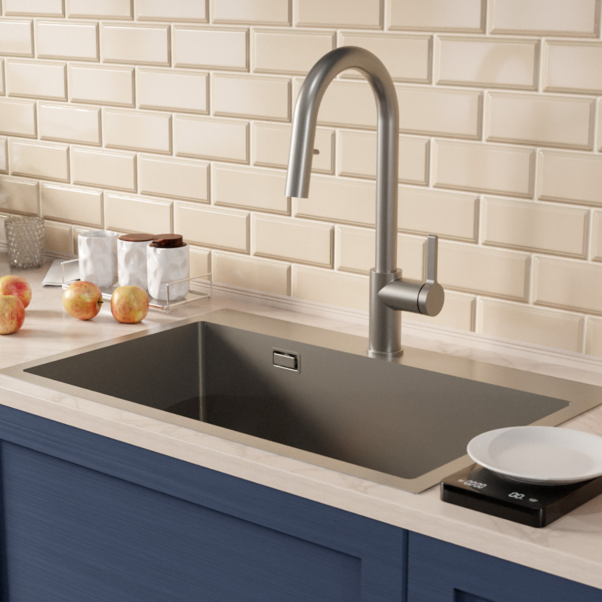 Timeless 68x45x21 cm évier encastrable inox 304 + mitigeur inox avec douchette extractible, gun metal brossé (TMLKST-6845BGM-M2)
