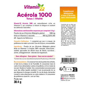 VITAMIN'22 - Acerola 1000 - Complément alimentaire à base d'Acérola- Vitamine C 100% d'origine naturelle - Sans sucre - Sans gluten - Goût Cerise - Cure de 24 jours