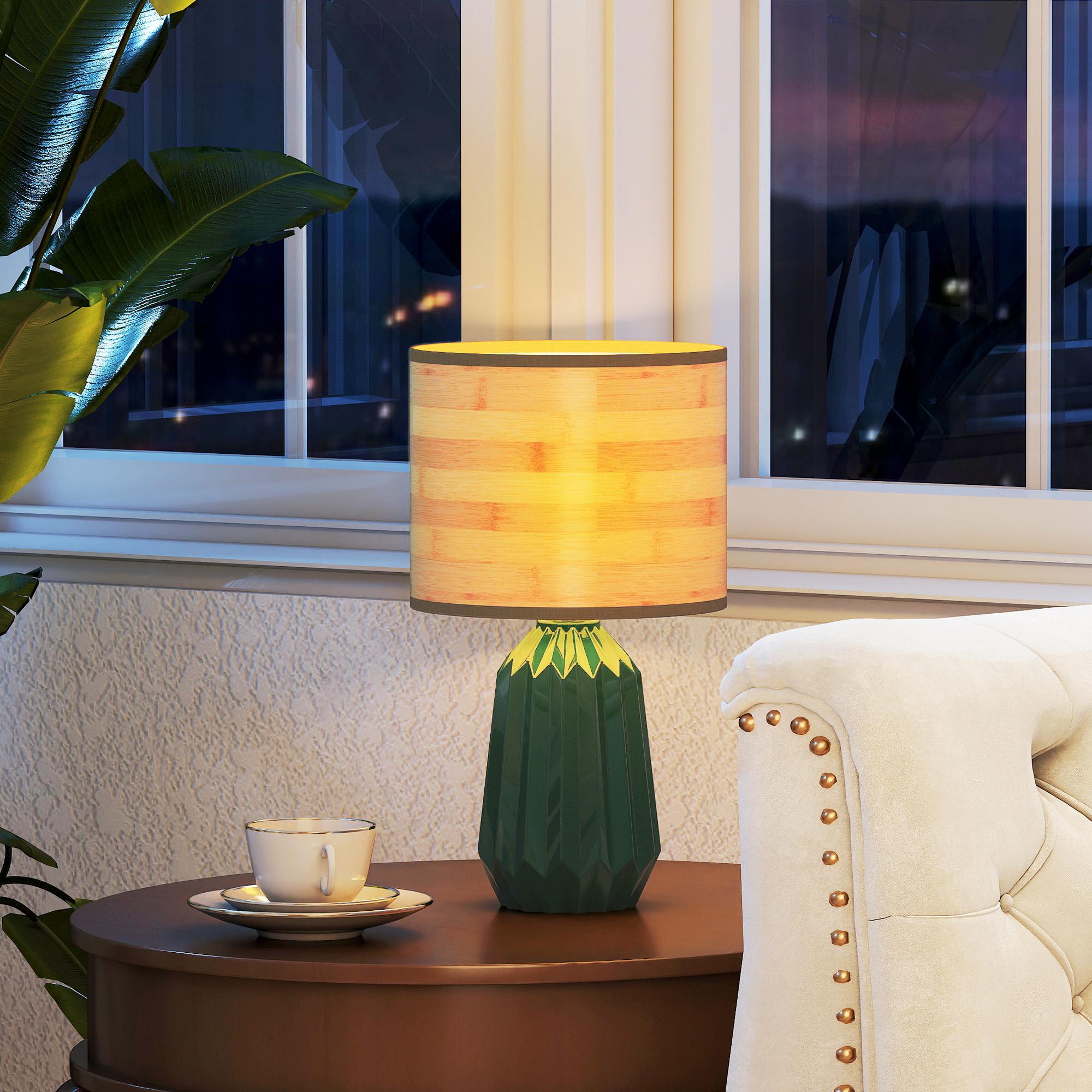 Lámpara de Mesa con Base de Cerámica y Pantalla de Lino Lámpara de Mesita de Noche de Estilo Retro con Interruptor para Dormitorio Salón E27 40W Verde y Madera Natural