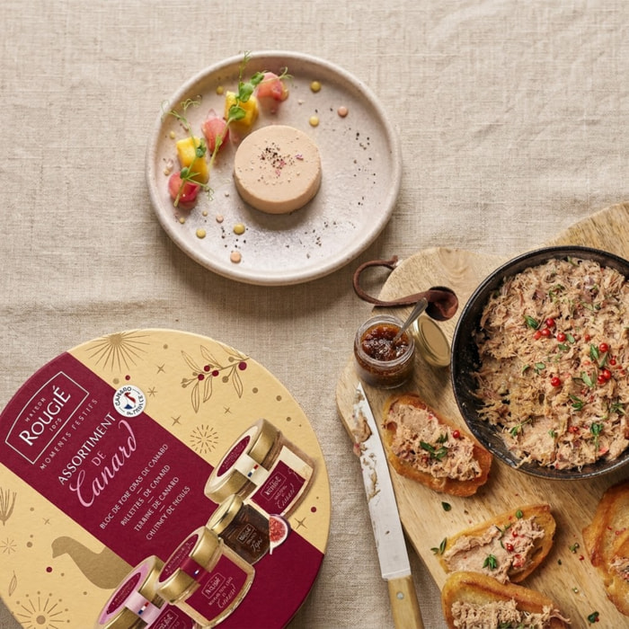 Coffret La Boîte surprise - Bloc de Foie Gras de canard, Rillettes de canard, Terrine de canard, Chutney de figues - 500g