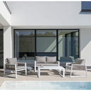 Set salotto CAPTIVA con 1 divano, 2 poltrone e 1 tavolino in alluminio bianco textilene tortora