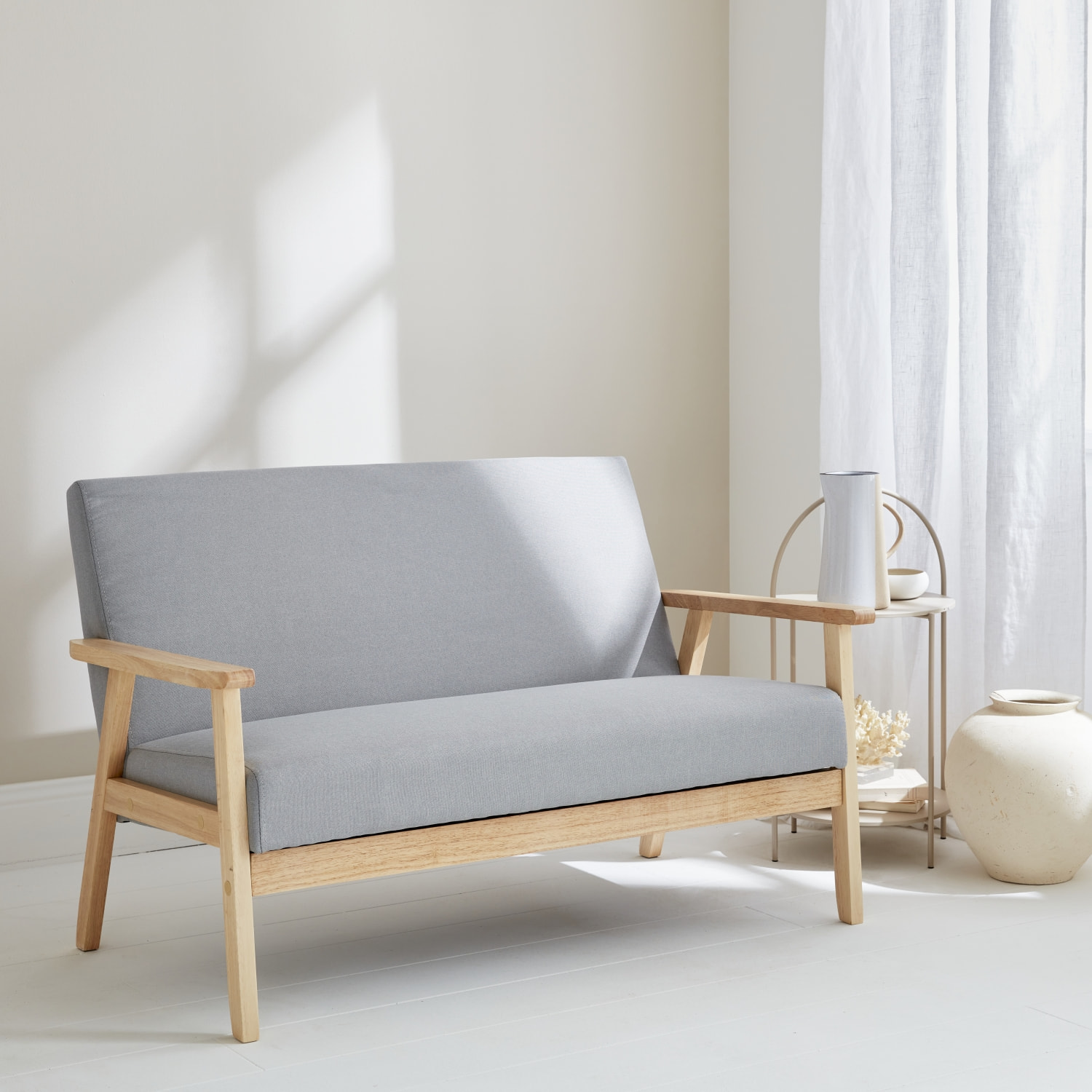 Canapé banquette 2 places bois d'hévéa tissu ISAK