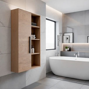 Colonna Sospesa Multiuso Con 1 Anta E 5 Vani A Giorno Mobile Armadietto Bagno Pensile Salvaspazio Chiusura Assistita 150 x 25.5 x 50 Cm Rovere Alaska