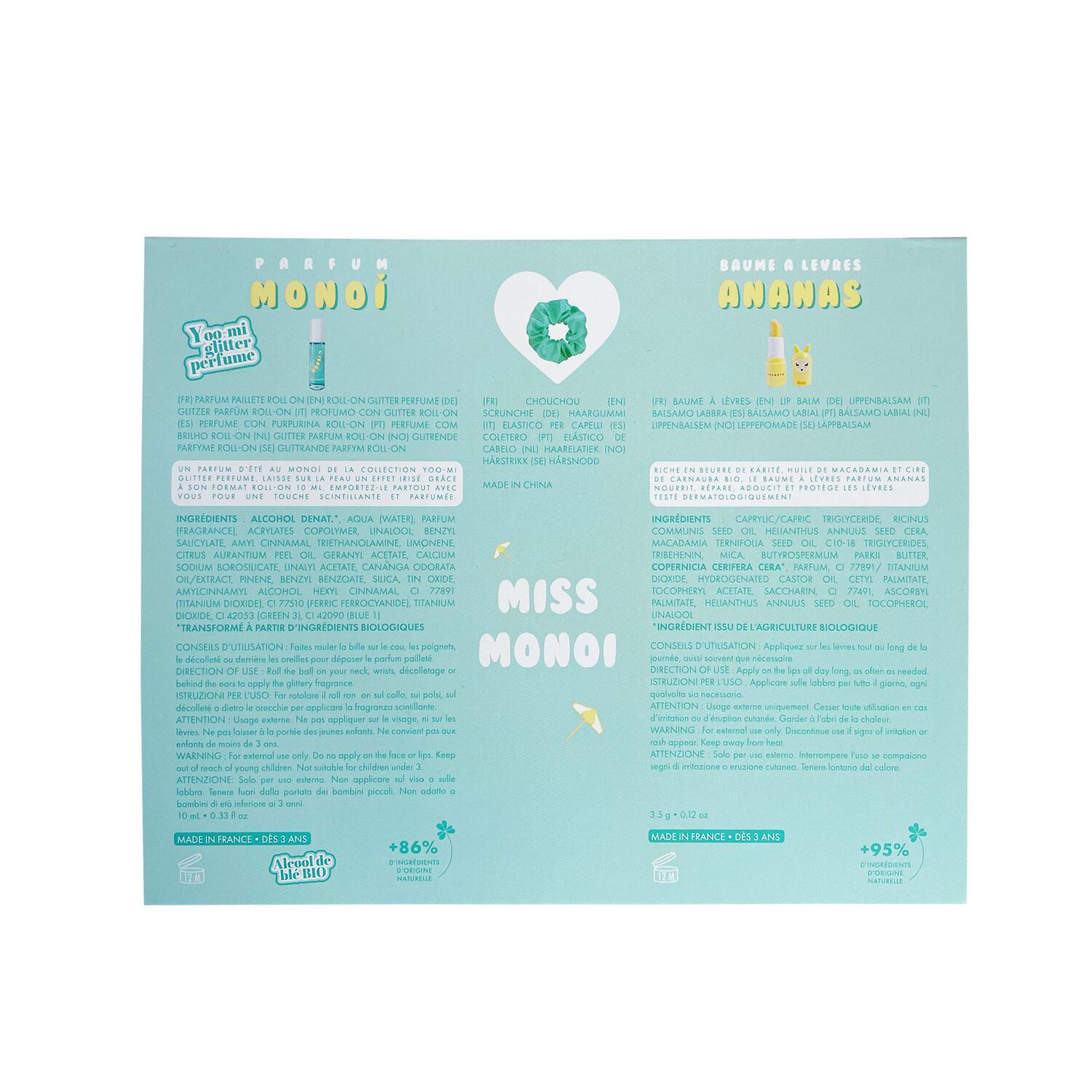 Miss Monoi - Coffret Eau de Parfum Roll-On Monoï 10 ml + Baume à Lèvres au Parfum Monoï + 1 Chouchou