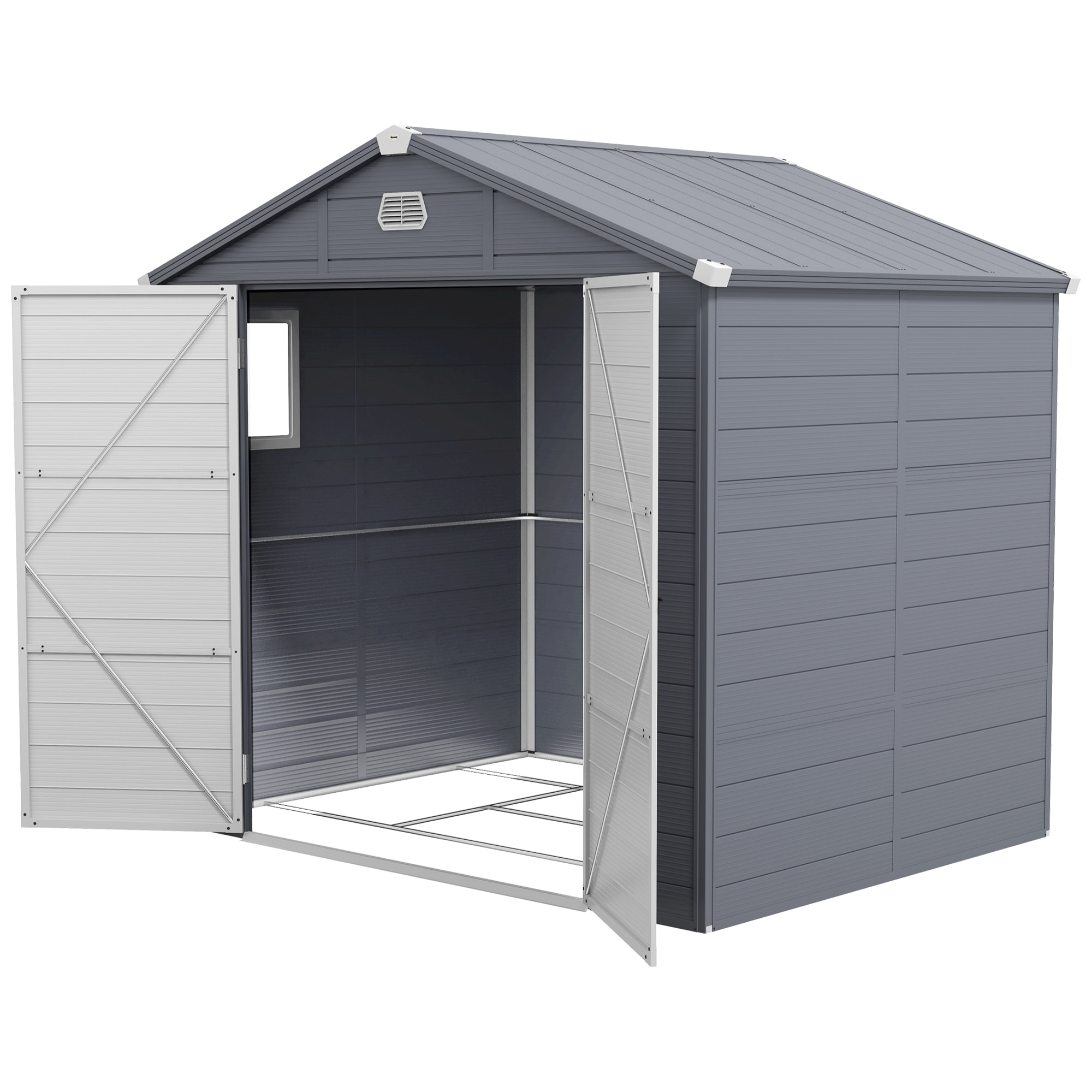 Abri de jardin 4,6 m² résine polypropylène fondation incluse structure alu 240 x 190 x 228 cm 2 portes fenêtre gris