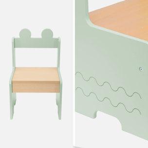 Table enfant + 2 chaises. avec étagères. vert