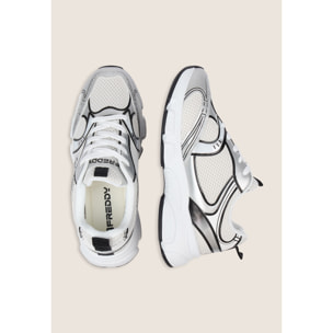 Sneakers in mesh e similpelle con profili a contrasto