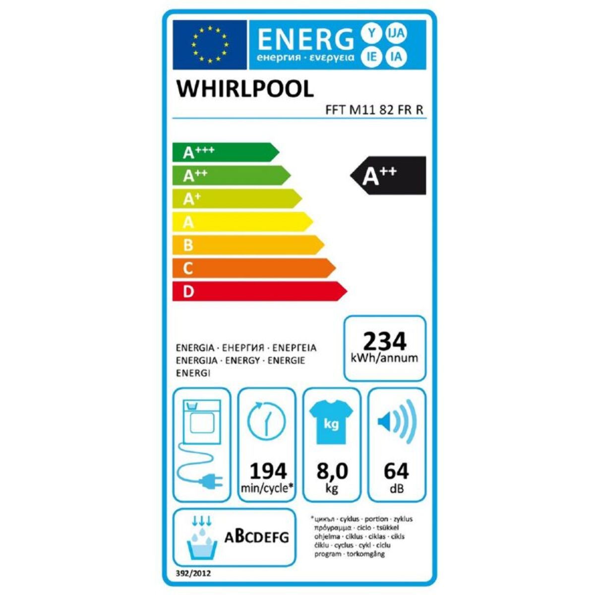 Sèche linge pompe à chaleur WHIRLPOOL FFTM1182FRR