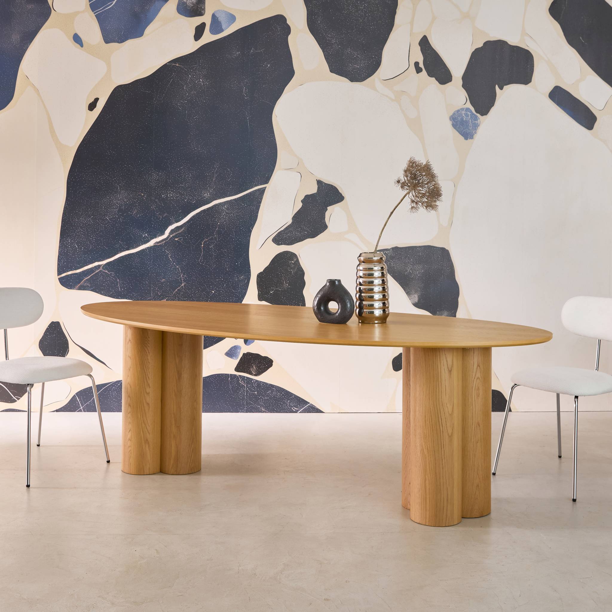 Table à manger ovale bois d'hévéa et placage chêne naturel 8 places 220cm - Leonore