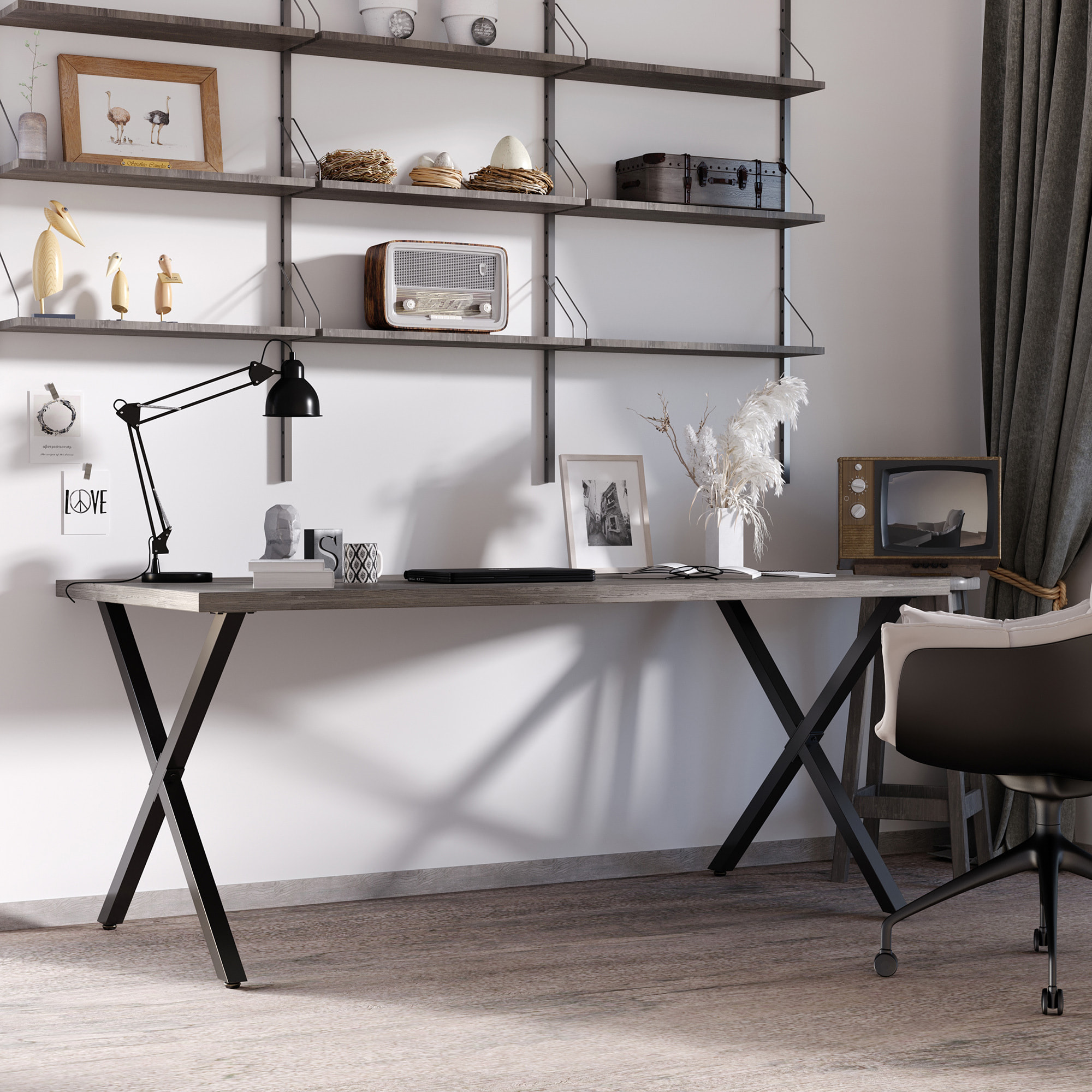 Lot de 2 pieds de table design industriel en croix - piètement antidérapant - dim. 80L x 4l x 72H cm - acier époxy noir