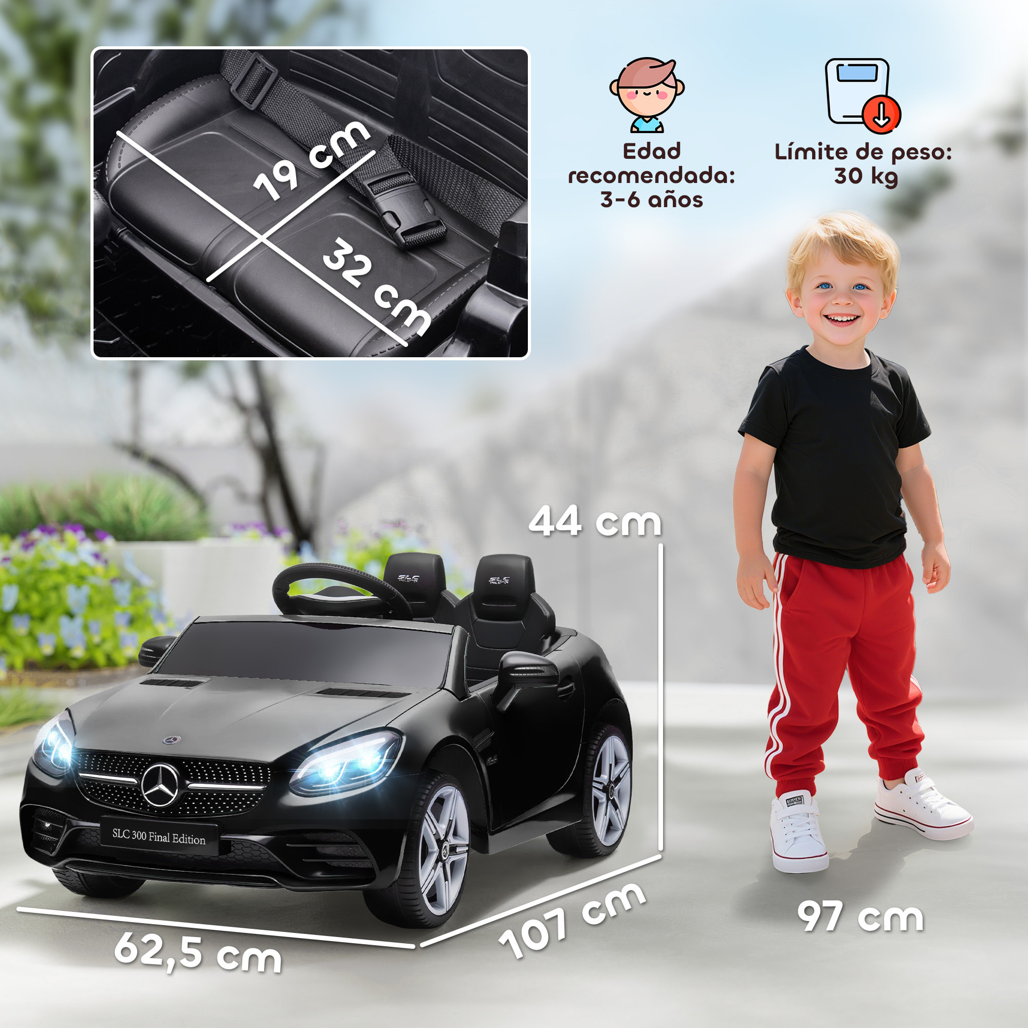 Coche Eléctrico para Niños de +3 Años, Mercedes SLC 300, Coche Eléctrico 12V, con Mando a Distancia 2,4 G, Ruedas Traseras con Suspensión, Faros LED, Música, USB, Motor Doble, Negro
