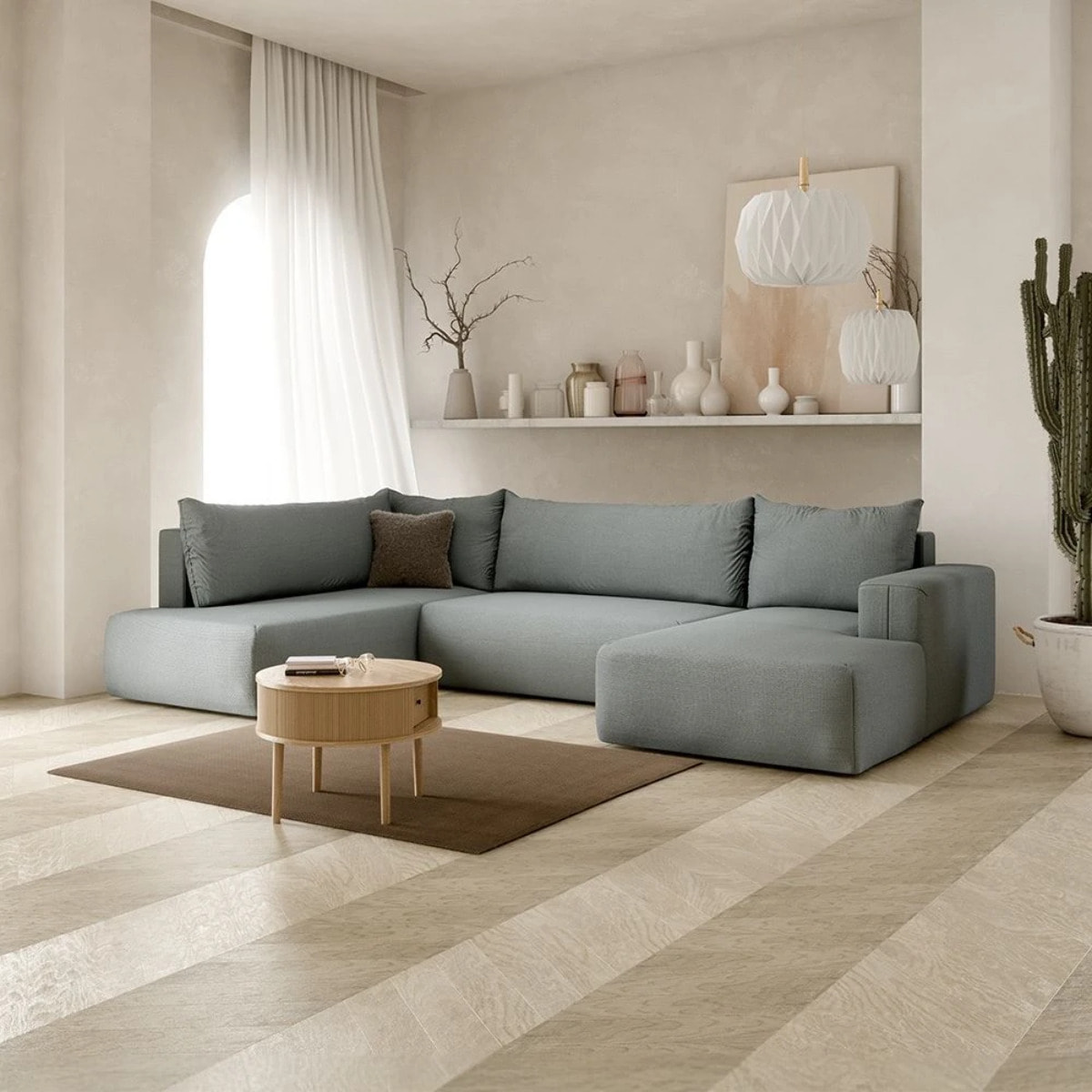 NALA - Canapé panoramique gauche 5 places en tissu gris clair