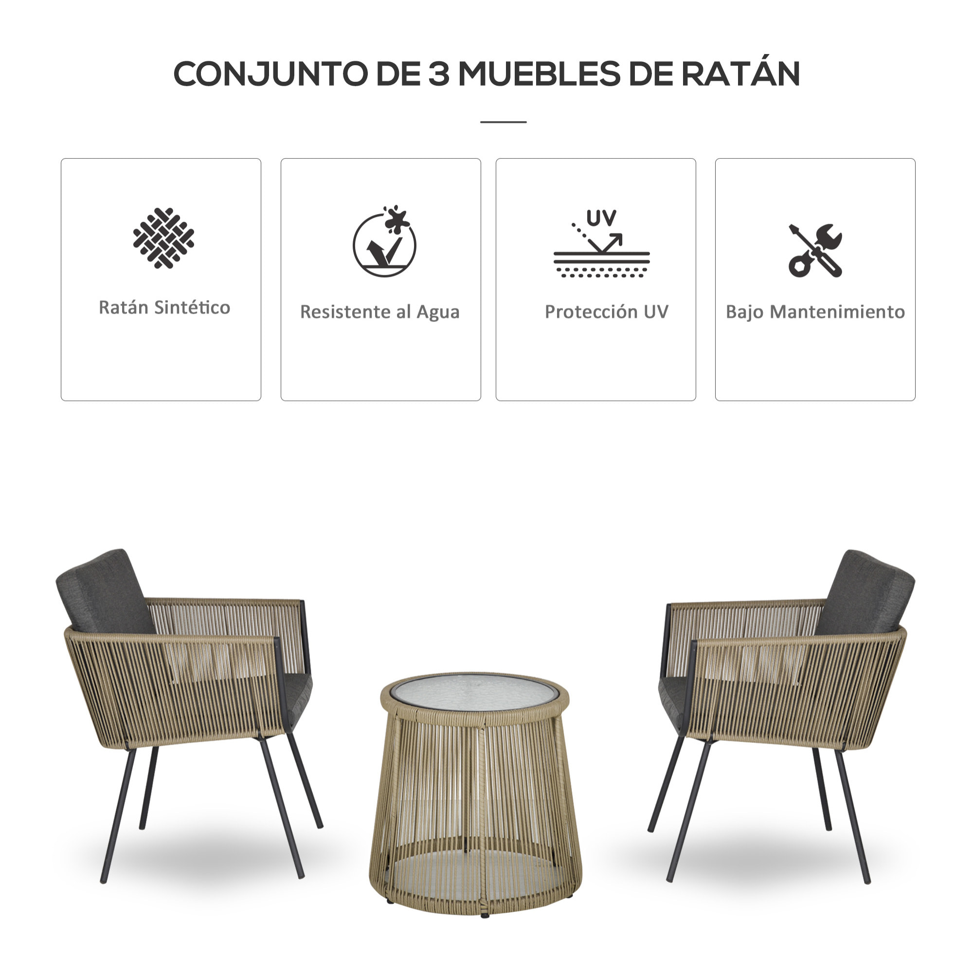 Conjunto de Jardín Exterior de 3 Piezas Juego de 2 Sillas y Mesa de Ratán con Cojines Acolchados y Encimera de Vidrio para Balcón Terraza Café y Gris