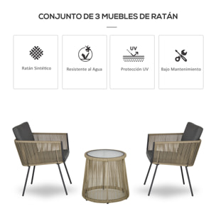 Conjunto de Jardín Exterior de 3 Piezas Juego de 2 Sillas y Mesa de Ratán con Cojines Acolchados y Encimera de Vidrio para Balcón Terraza Café y Gris