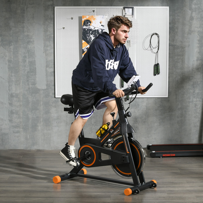 Bicicleta Estática Bici Estática con Volante 8 kg Resistencia Ajustable Pantalla LCD Pulsómetro Ejercicio Silencioso y Asiento Ajustable Carga 120 kg para Casa Gimnasio Negro y Naranja