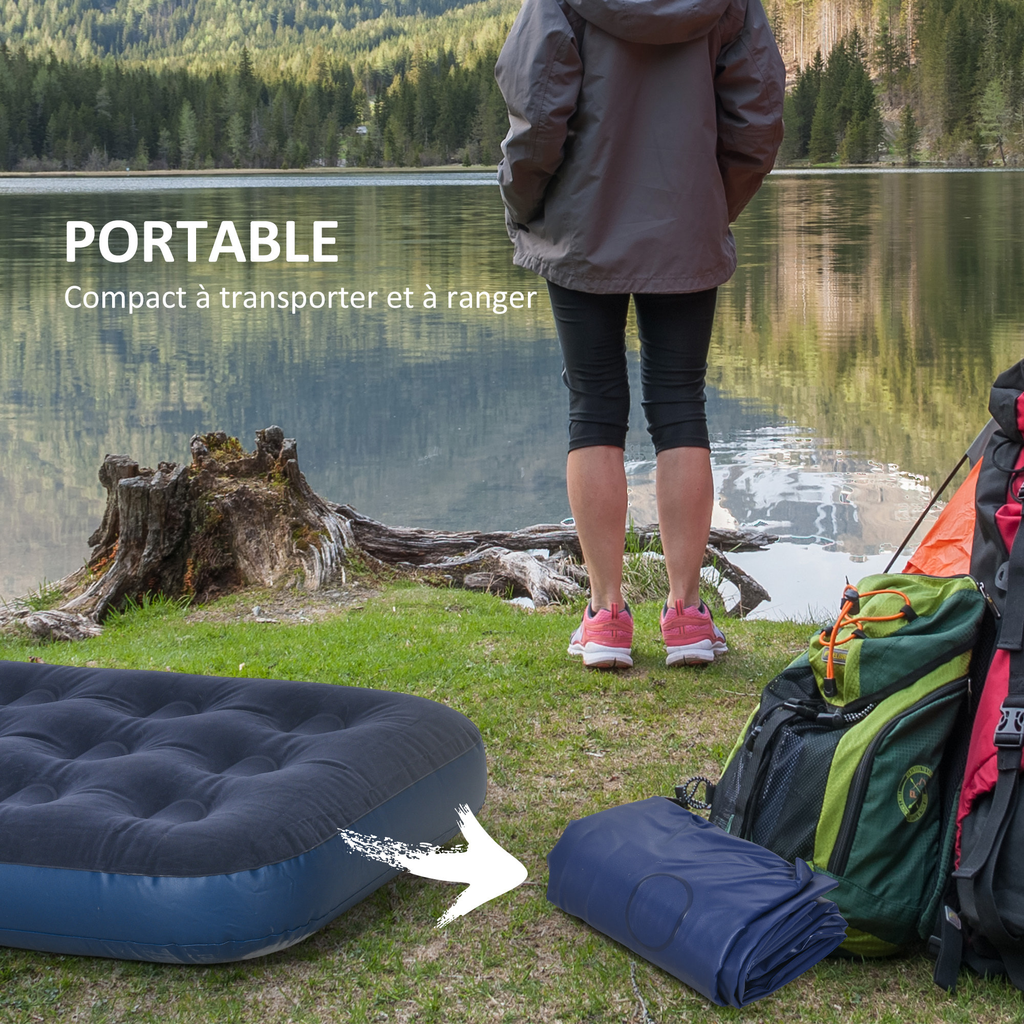Matelas gonflable 1 personne lit pneumatique simple avec gonfleur manuel surface floquée bleu