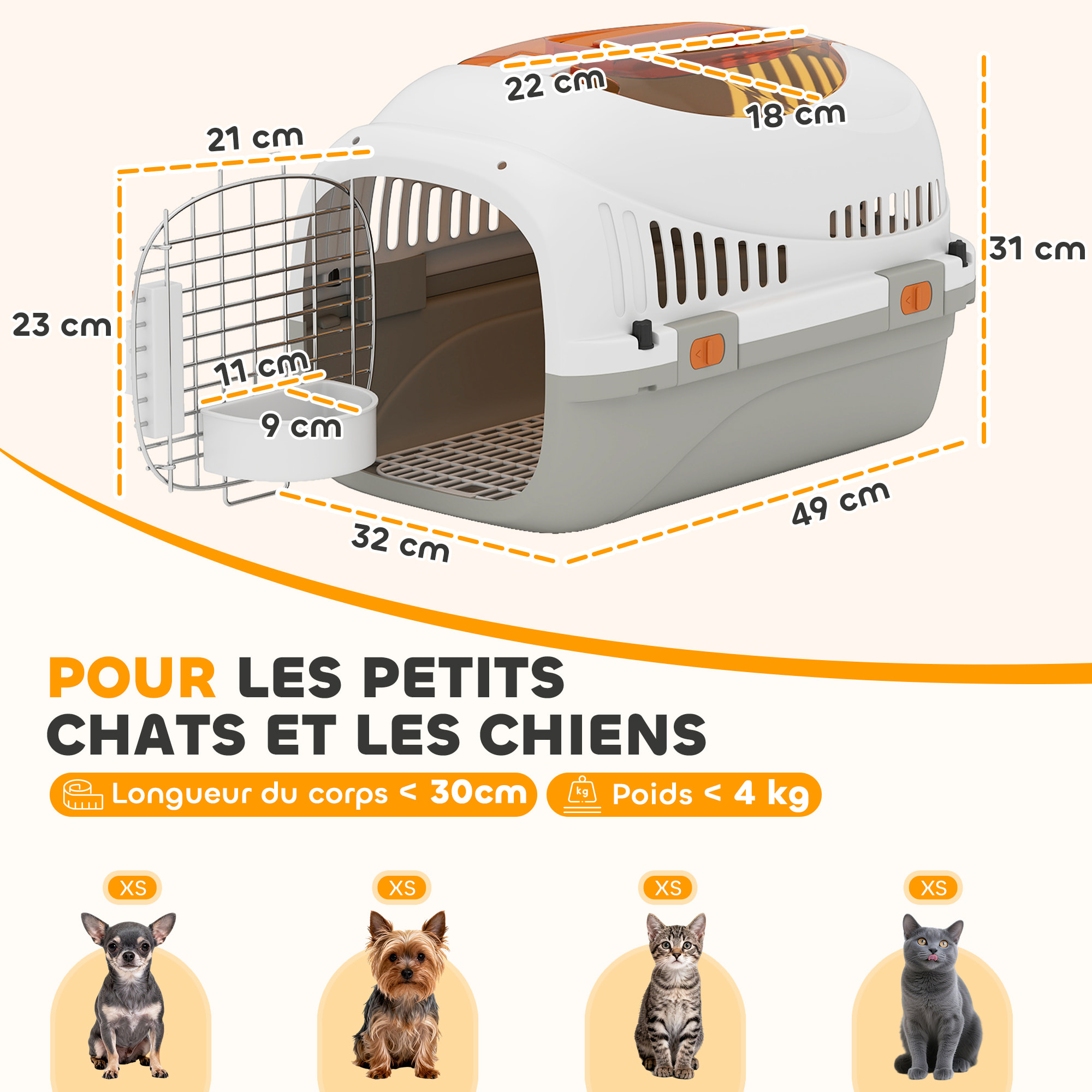 Caisse de transport chat et chien max. 4Kg porte acier gamelle intégrée