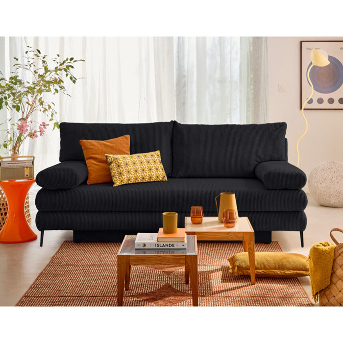 Elton - canapé 3 places convertible avec coffre en velours côtelé - Noir