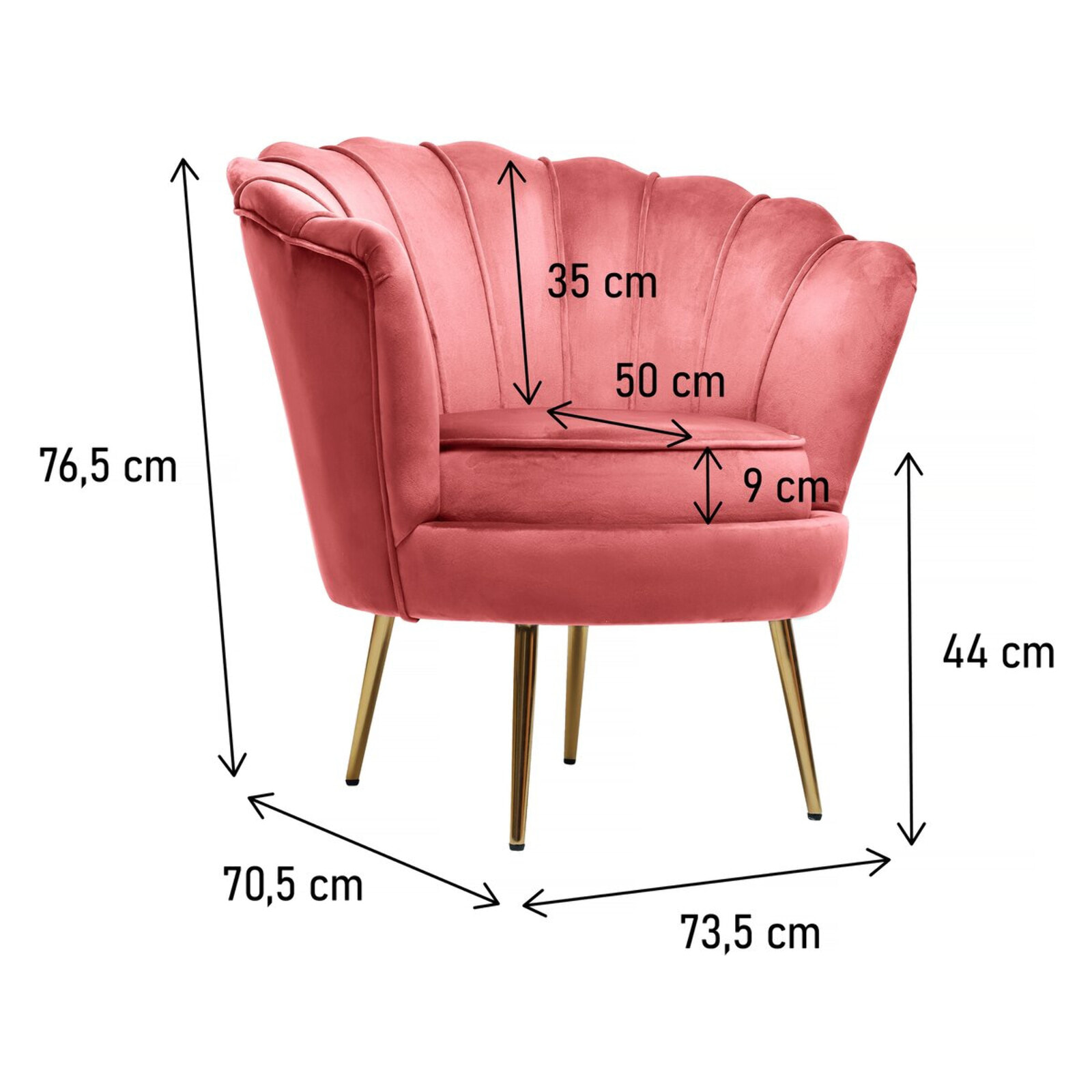 Fauteuil velours "Floria" - 70 x 73 x 76 cm - Rose