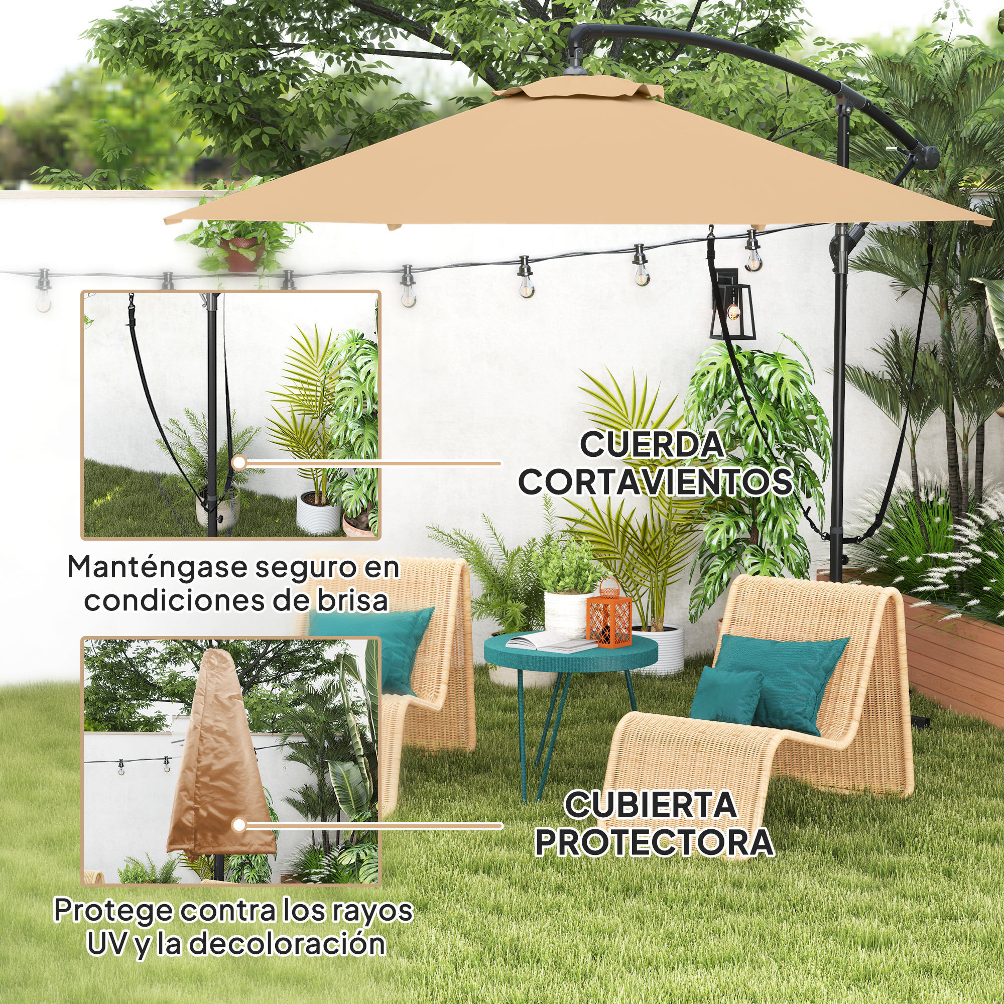 Parasol Excéntrico Ø 290 cm Sombrilla de Jardín con Base Cruzada Manivela Funda para Sombrilla y Cuerda de Viento Anti-UV 50+ Sombrilla para Terraza Patio Caqui